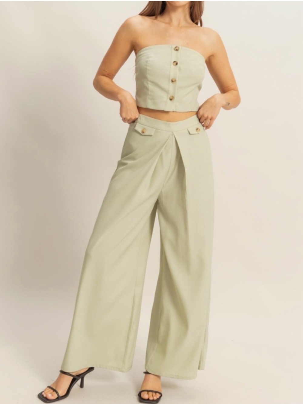 Hyfve Strapless Button-Front Crop Top & Wide-Leg Pants Set - Sage Green